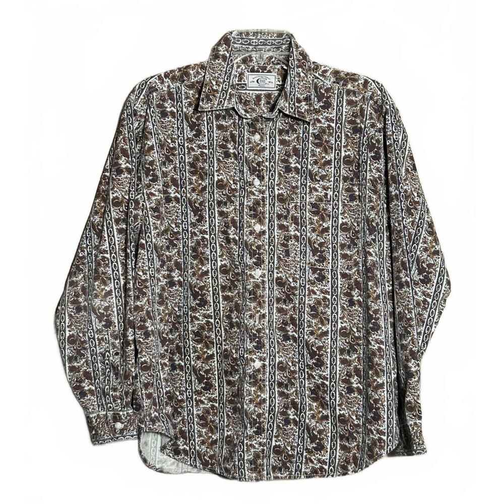 Vintage Bugle Boy Brown Long Sleeve Button Front Shirt Size L 1990s Fashion